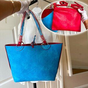 NWT Sydney Love Vegan Leather Reversible Tote & Crossbody Set, Blue/Red, 12x10x5